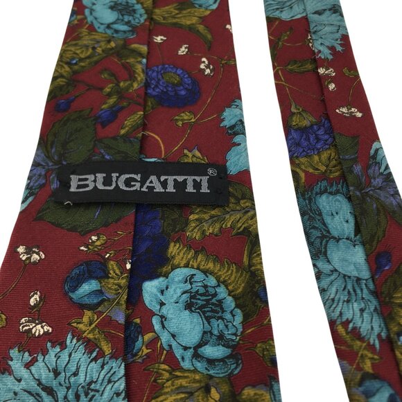 Vintage Bugatti Floral Neck Tie 100% Italian Silk Maroon Blue Flowers MadeIn USA - Picture 7 of 7